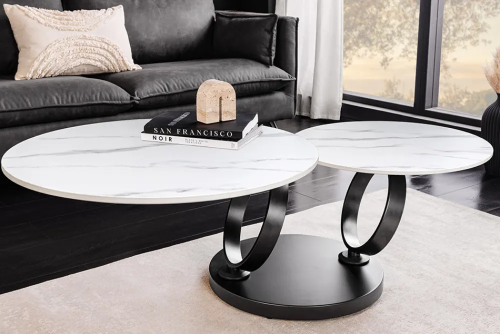 Riess-Ambiente Couchtische & Truhen > Design Couchtisch DANCING RINGS weiß rund drehbar Marmor Keramik schwarz Metall