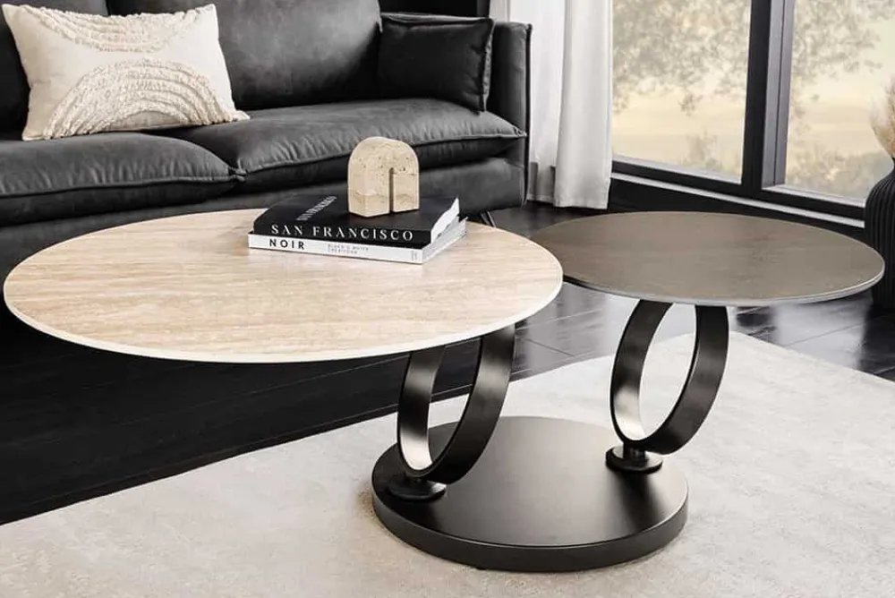 Riess-Ambiente Couchtische & Truhen > Design Couchtisch DANCING RINGS rost rund drehbar Travertin Keramik schwarz Gestell