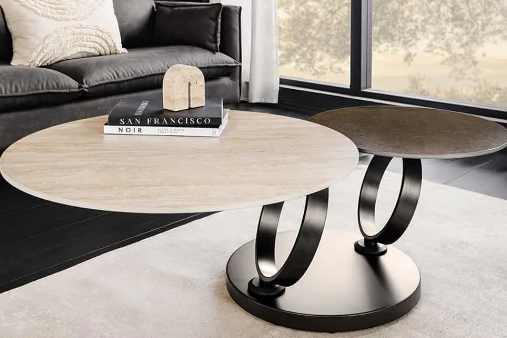 Riess-Ambiente Couchtische & Truhen > Design Couchtisch DANCING RINGS rost rund drehbar Travertin Keramik schwarz Gestell