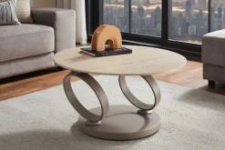 Riess-Ambiente Couchtische & Truhen > Design Couchtisch DANCING RINGS natur rund drehbar Travertin Keramik champagner greige