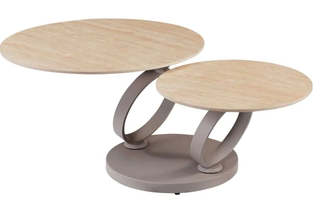 Riess-Ambiente Couchtische & Truhen > Design Couchtisch DANCING RINGS natur rund drehbar Travertin Keramik champagner greige