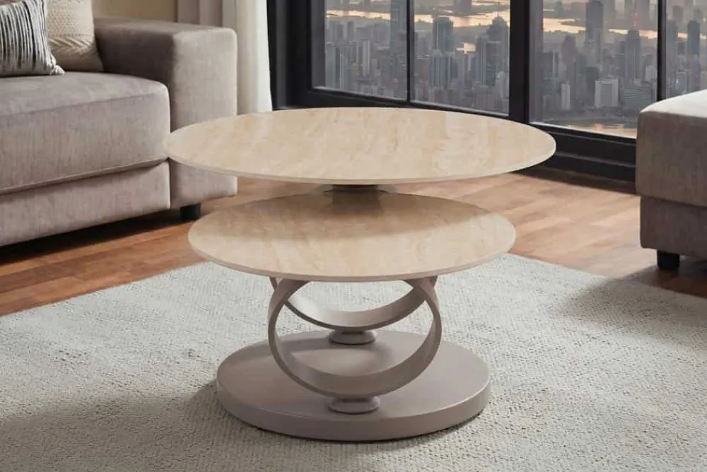 Riess-Ambiente Couchtische & Truhen > Design Couchtisch DANCING RINGS natur rund drehbar Travertin Keramik champagner greige