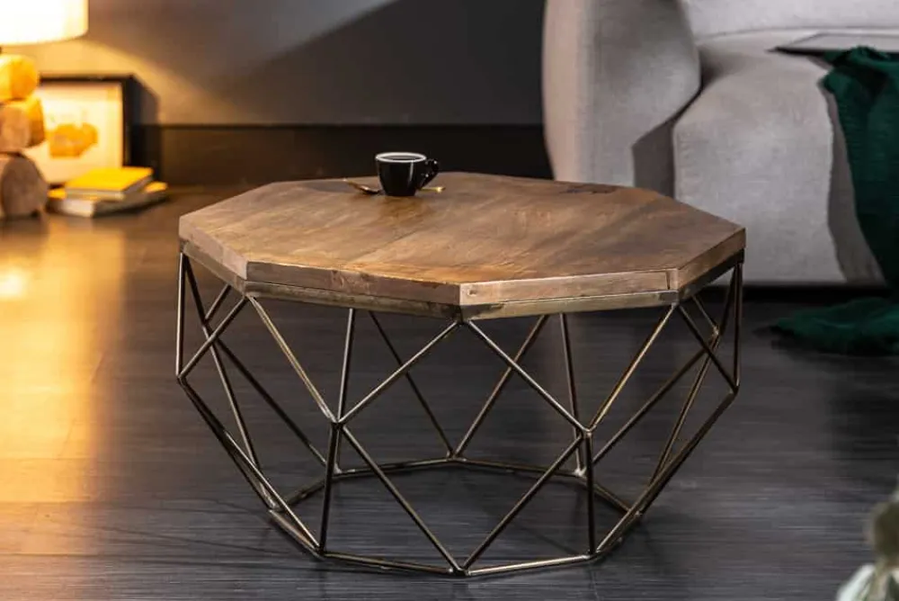 Riess-Ambiente Mehr...|Goldene Möbel > Design Couchtisch DIAMOND 70cm natur Mangoholz massiv messing Eisengestell