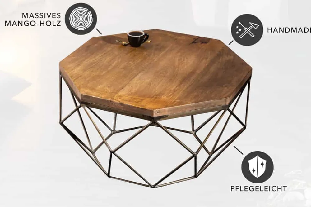 Riess-Ambiente Mehr...|Goldene Möbel > Design Couchtisch DIAMOND 70cm natur Mangoholz massiv messing Eisengestell
