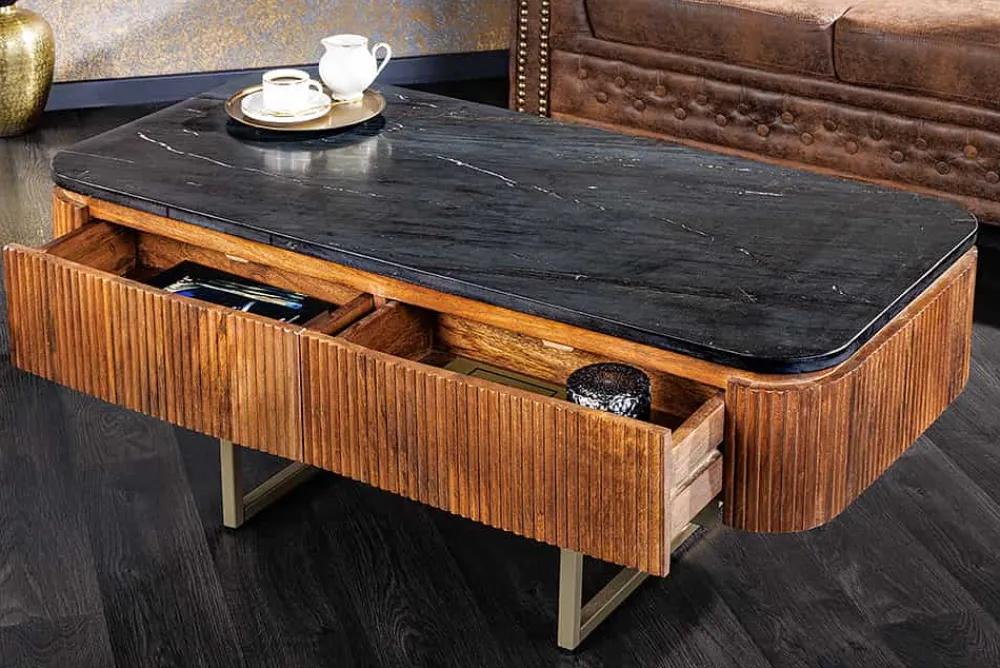 Riess-Ambiente Mehr...|Couchtische > Design Couchtisch GATSBY 110cm Mangoholz massiv Marmor-Platte Retro mit Schubladen gold