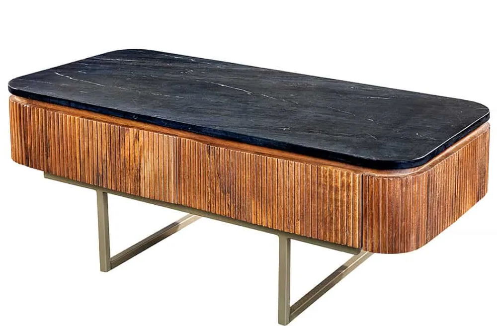 Riess-Ambiente Mehr...|Couchtische > Design Couchtisch GATSBY 110cm Mangoholz massiv Marmor-Platte Retro mit Schubladen gold
