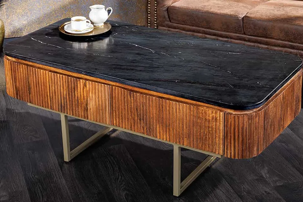 Riess-Ambiente Mehr...|Couchtische > Design Couchtisch GATSBY 110cm Mangoholz massiv Marmor-Platte Retro mit Schubladen gold