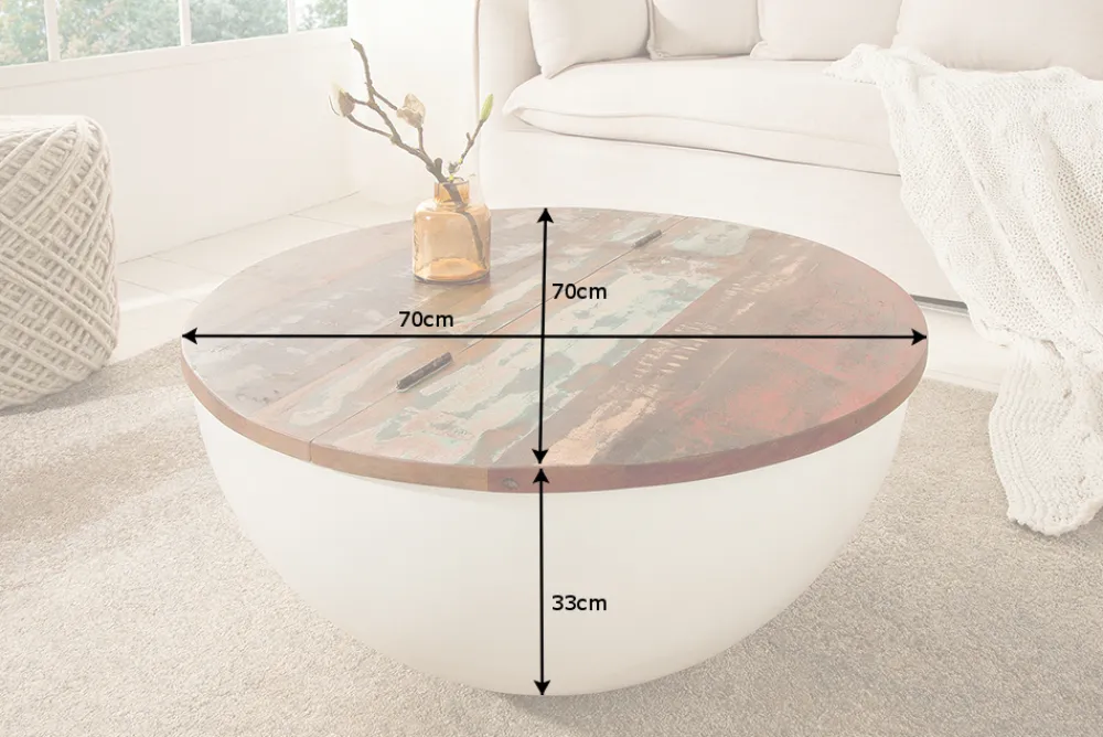 Riess-Ambiente Mehr...|Couchtische & Truhen > Design Couchtisch JAKARTA 70cm weiß Massivholz rund aus recycelten Fischerbooten mit Stauraum