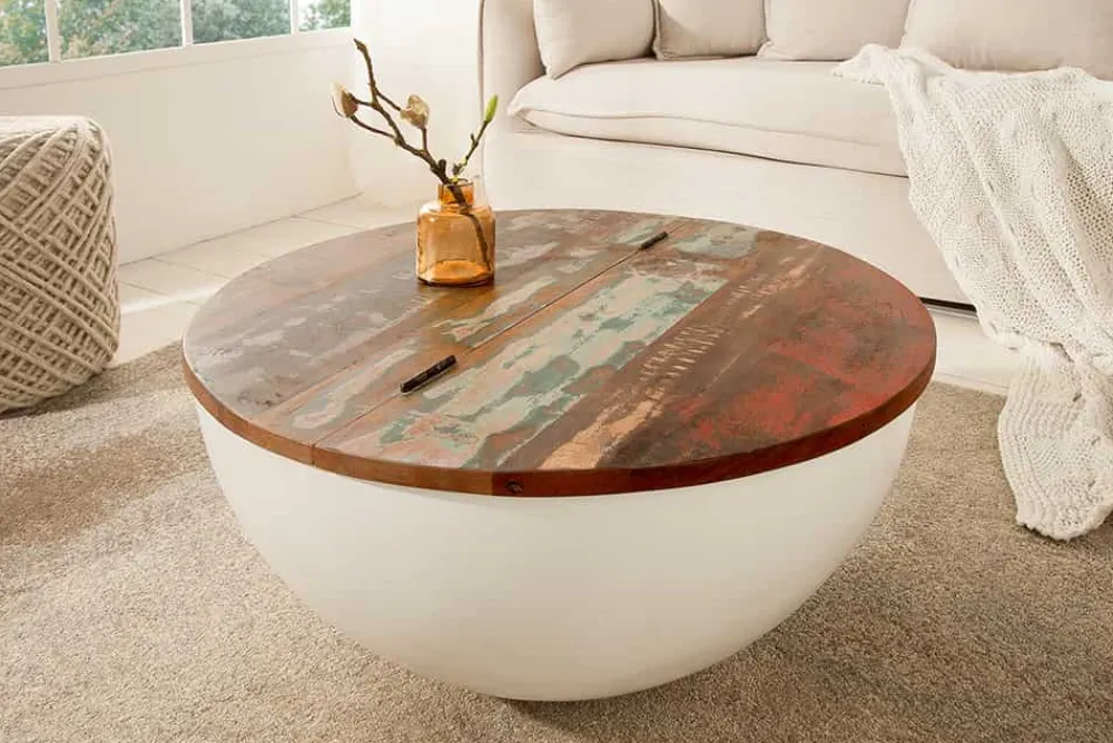 Riess-Ambiente Mehr...|Couchtische & Truhen > Design Couchtisch JAKARTA 70cm weiß Massivholz rund aus recycelten Fischerbooten mit Stauraum
