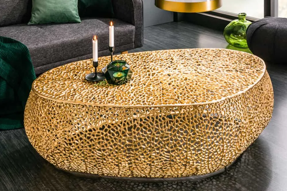 Riess-Ambiente Goldene Möbel|Couchtische & Truhen > Design Couchtisch LEAF 130cm gold Metall-Aluminium-Legierung handmade