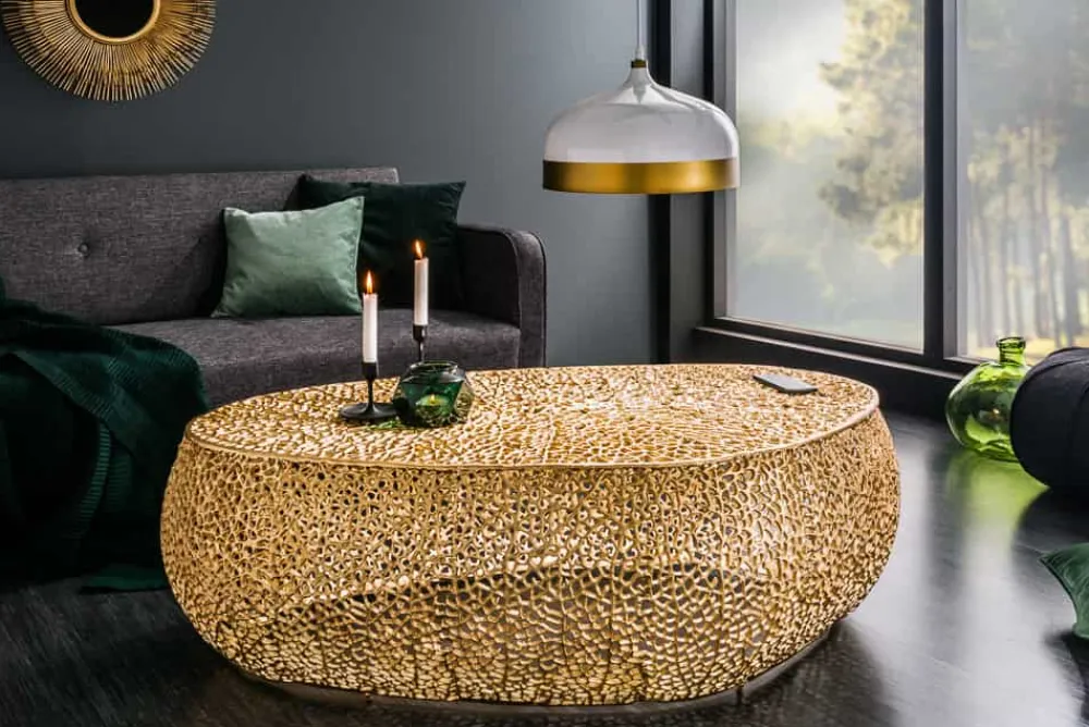 Riess-Ambiente Goldene Möbel|Couchtische & Truhen > Design Couchtisch LEAF 130cm gold Metall-Aluminium-Legierung handmade