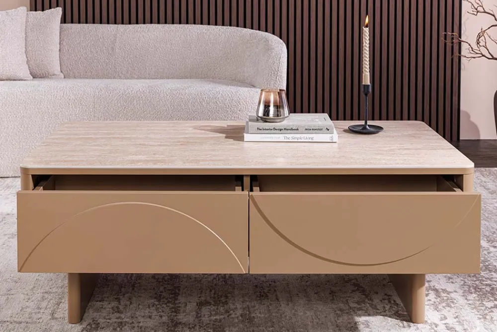 Riess-Ambiente Couchtische & Truhen|Retro Möbel > Design Couchtisch SAVOY 120cm grau beige greige Keramik Travertin mit Schublade