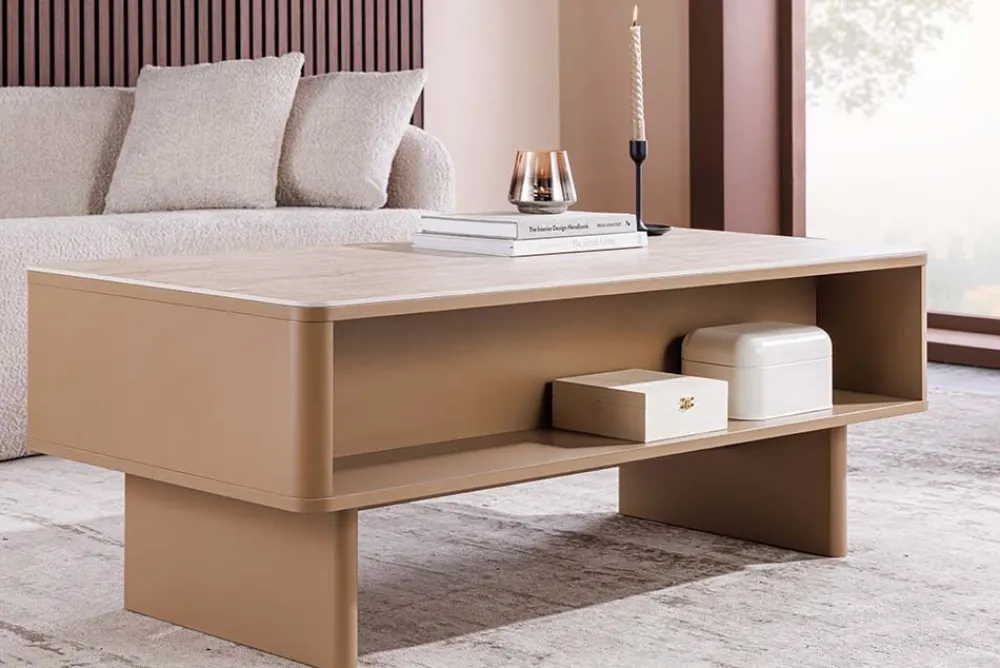 Riess-Ambiente Couchtische & Truhen|Retro Möbel > Design Couchtisch SAVOY 120cm grau beige greige Keramik Travertin mit Schublade