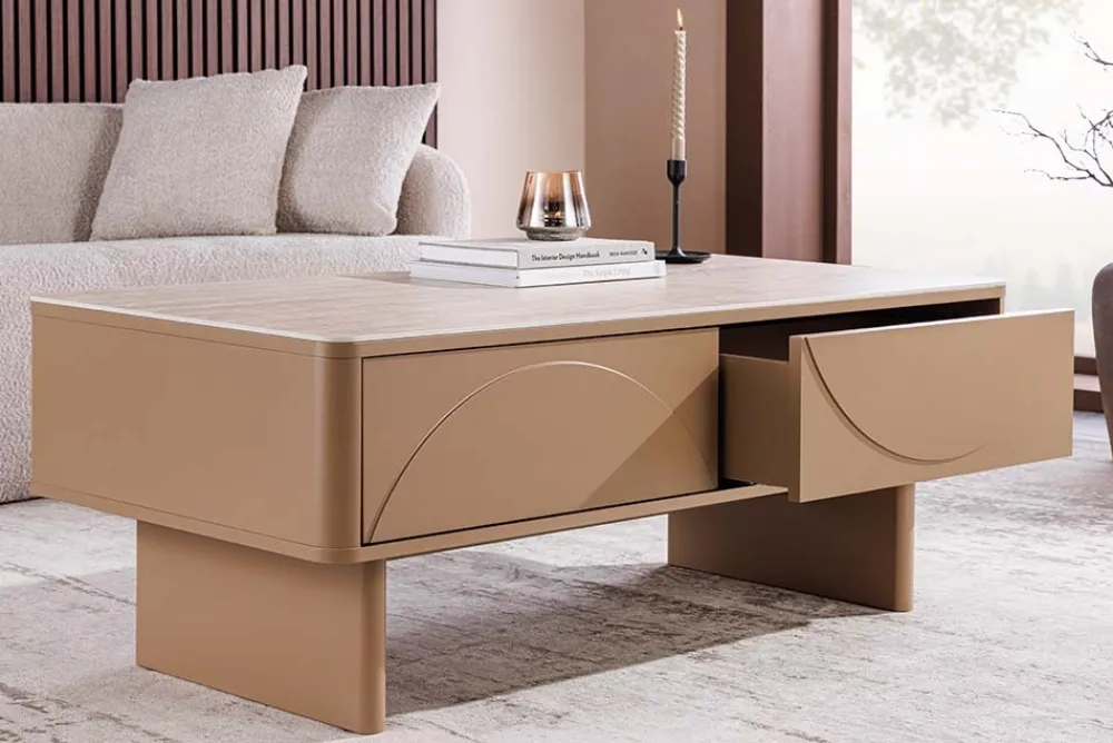 Riess-Ambiente Couchtische & Truhen|Retro Möbel > Design Couchtisch SAVOY 120cm grau beige greige Keramik Travertin mit Schublade