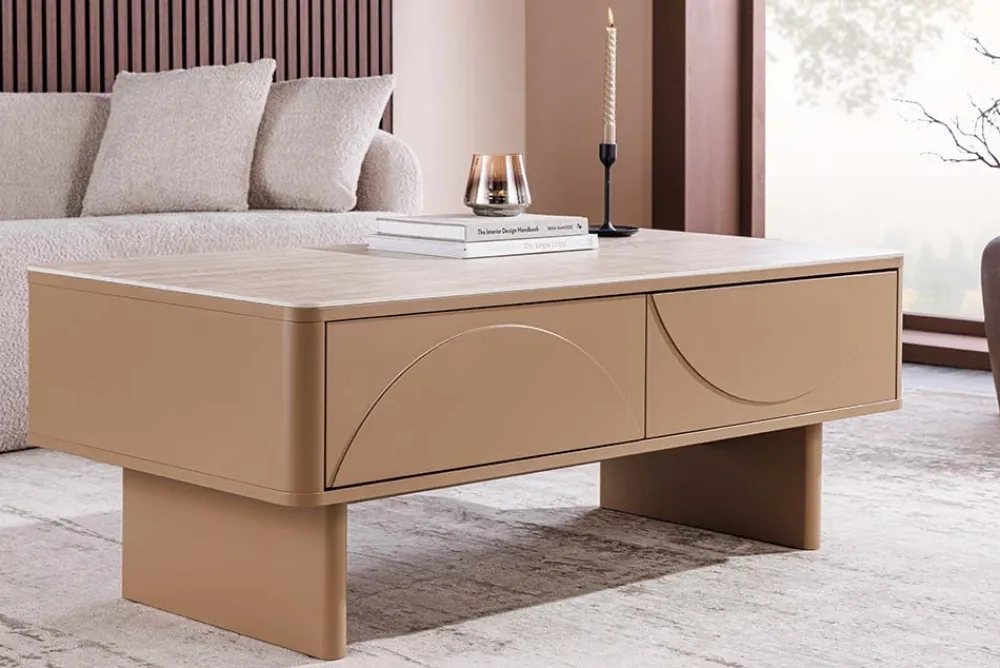 Riess-Ambiente Couchtische & Truhen|Retro Möbel > Design Couchtisch SAVOY 120cm grau beige greige Keramik Travertin mit Schublade