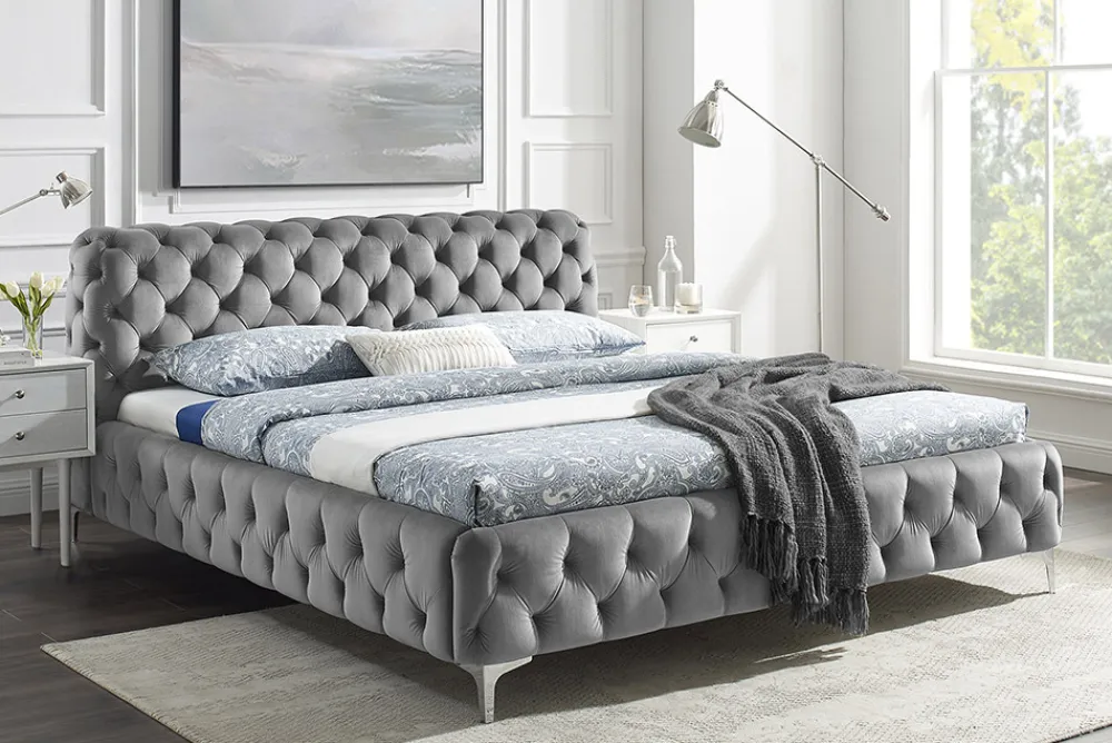 Riess-Ambiente Polsterbetten|Samt Möbel > Design Doppelbett MODERN BAROCK 180x200cm grau Samt Chesterfield