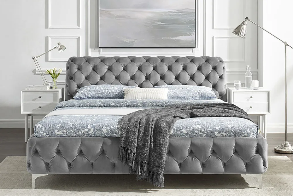 Riess-Ambiente Polsterbetten|Samt Möbel > Design Doppelbett MODERN BAROCK 180x200cm grau Samt Chesterfield