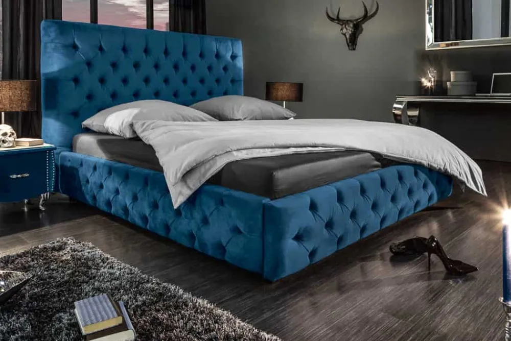 Riess-Ambiente Polsterbetten|Samt Möbel > Design Doppelbett PARIS 180x200cm dunkelblau Samt Chesterfield