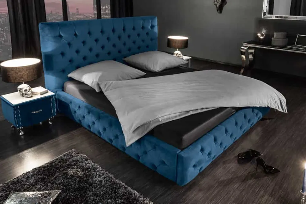 Riess-Ambiente Polsterbetten|Samt Möbel > Design Doppelbett PARIS 180x200cm dunkelblau Samt Chesterfield