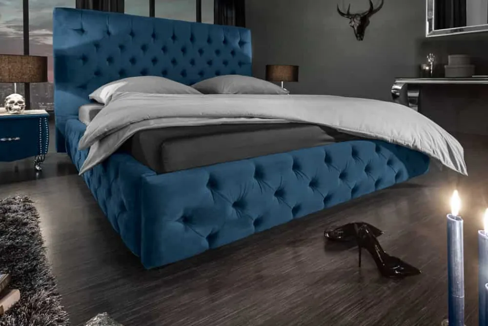 Riess-Ambiente Polsterbetten|Samt Möbel > Design Doppelbett PARIS 180x200cm dunkelblau Samt Chesterfield