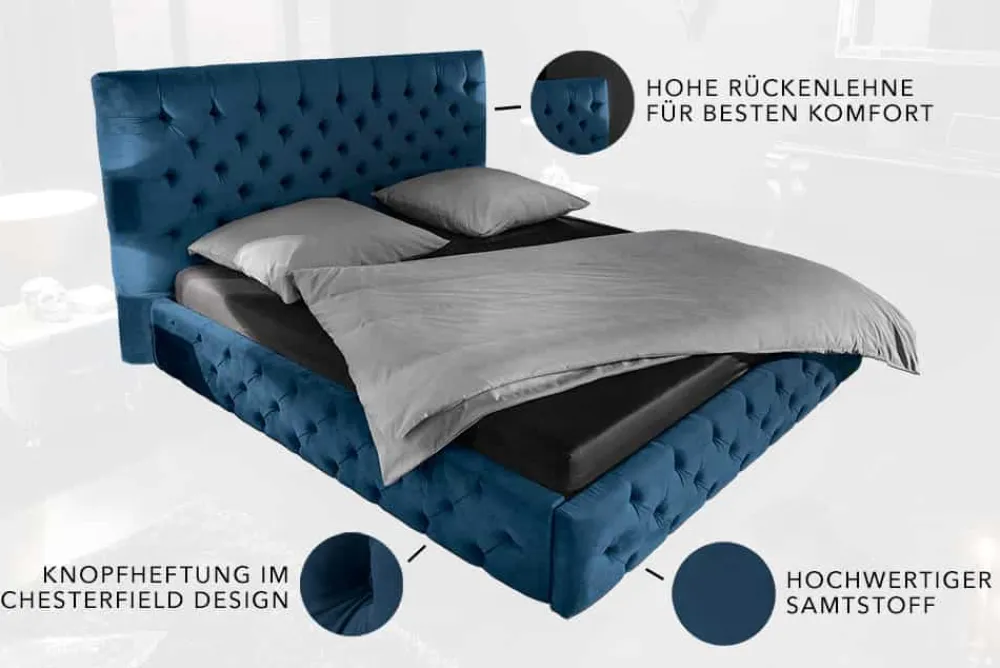 Riess-Ambiente Polsterbetten|Samt Möbel > Design Doppelbett PARIS 180x200cm dunkelblau Samt Chesterfield
