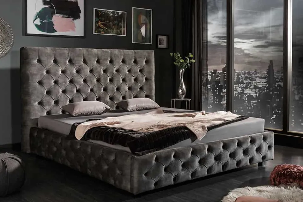 Riess-Ambiente Polsterbetten|Samt Möbel > Design Doppelbett PARIS 180x200cm grau Samt Chesterfield
