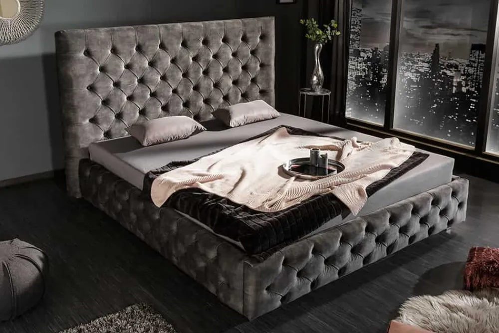 Riess-Ambiente Polsterbetten|Samt Möbel > Design Doppelbett PARIS 180x200cm grau Samt Chesterfield