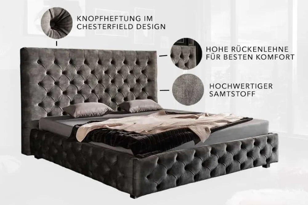 Riess-Ambiente Polsterbetten|Samt Möbel > Design Doppelbett PARIS 160x200cm grau Samt Chesterfield Polsterbett