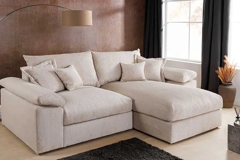 Riess-Ambiente Skandinavisch|Ecksofa > Design Ecksofa ATMOSPHERE XL 245cm champagner beige Cord Federkern inkl. Kissen