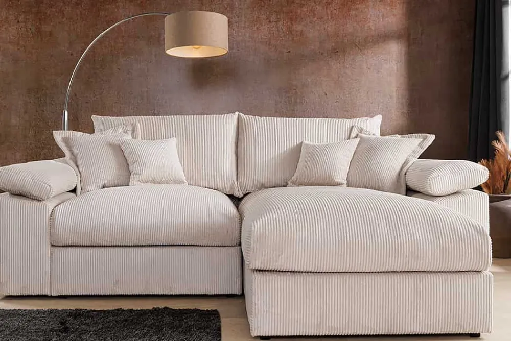 Riess-Ambiente Skandinavisch|Ecksofa > Design Ecksofa ATMOSPHERE XL 245cm champagner beige Cord Federkern inkl. Kissen