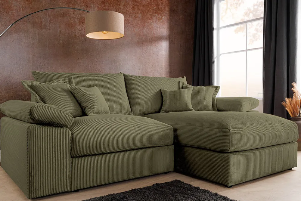 Riess-Ambiente Skandinavisch|Ecksofa > Design Ecksofa ATMOSPHERE XL 245cm grün Cord Federkern inkl. Kissen