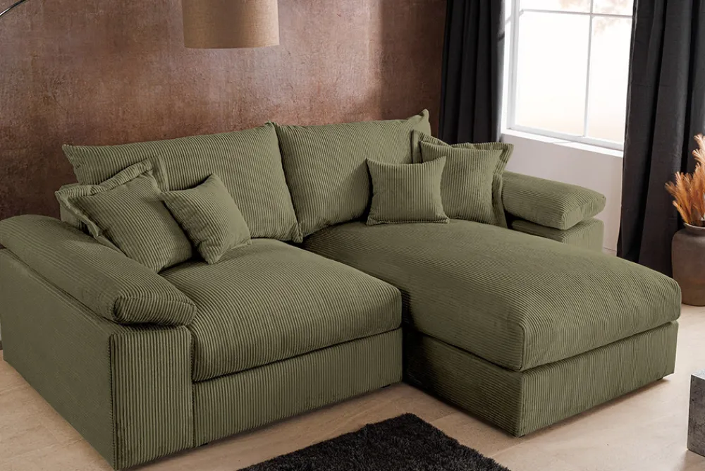 Riess-Ambiente Skandinavisch|Ecksofa > Design Ecksofa ATMOSPHERE XL 245cm grün Cord Federkern inkl. Kissen