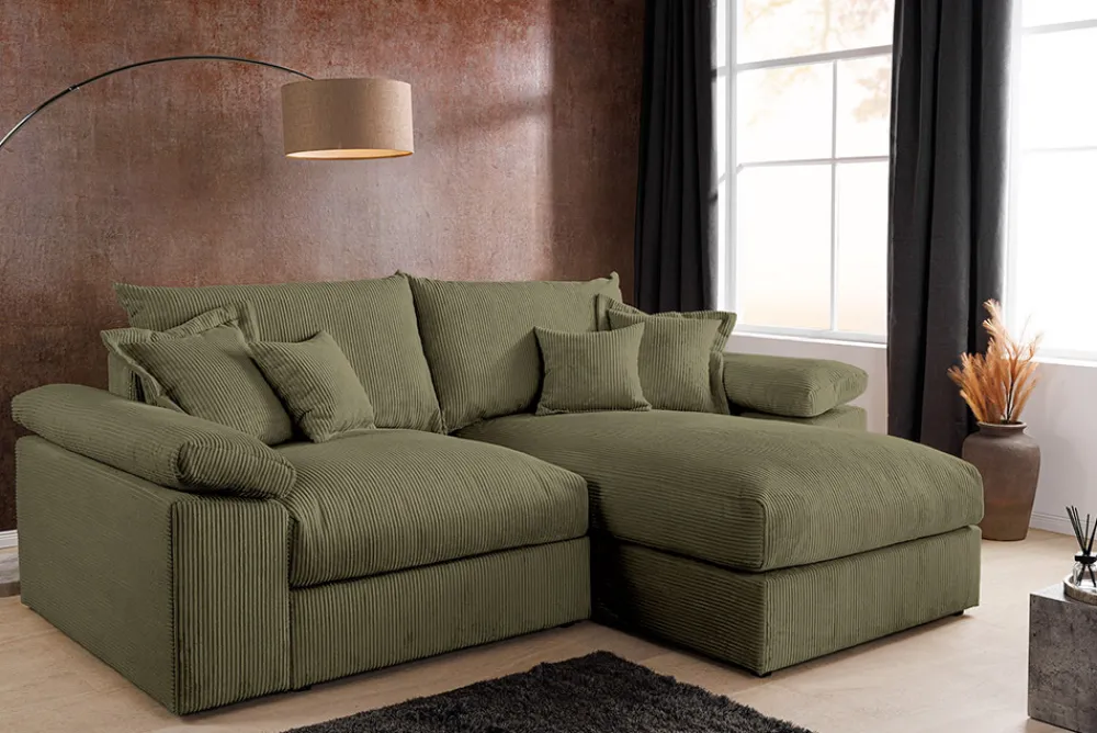 Riess-Ambiente Skandinavisch|Ecksofa > Design Ecksofa ATMOSPHERE XL 245cm grün Cord Federkern inkl. Kissen