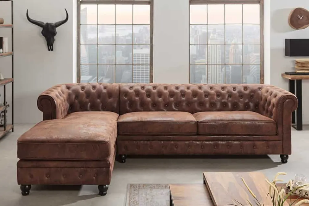 Riess-Ambiente Ecksofa > Design Ecksofa CHESTERFIELD 270cm antik braun Microfaser Federkern Ottomane links Vintage