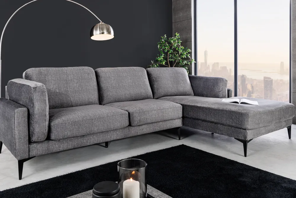 Riess-Ambiente Samt Möbel|Ecksofa > Design Ecksofa MANHATTAN 295cm dunkelgrau Samt Federkern 3-Sitzer Metallfüße
