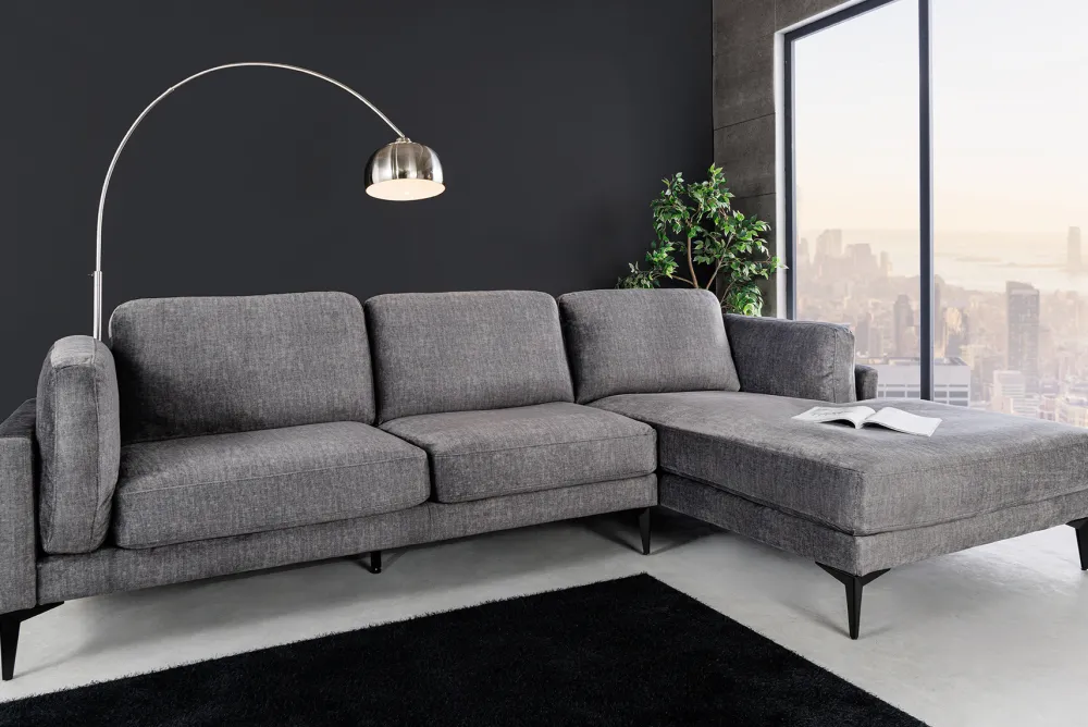 Riess-Ambiente Samt Möbel|Ecksofa > Design Ecksofa MANHATTAN 295cm dunkelgrau Samt Federkern 3-Sitzer Metallfüße