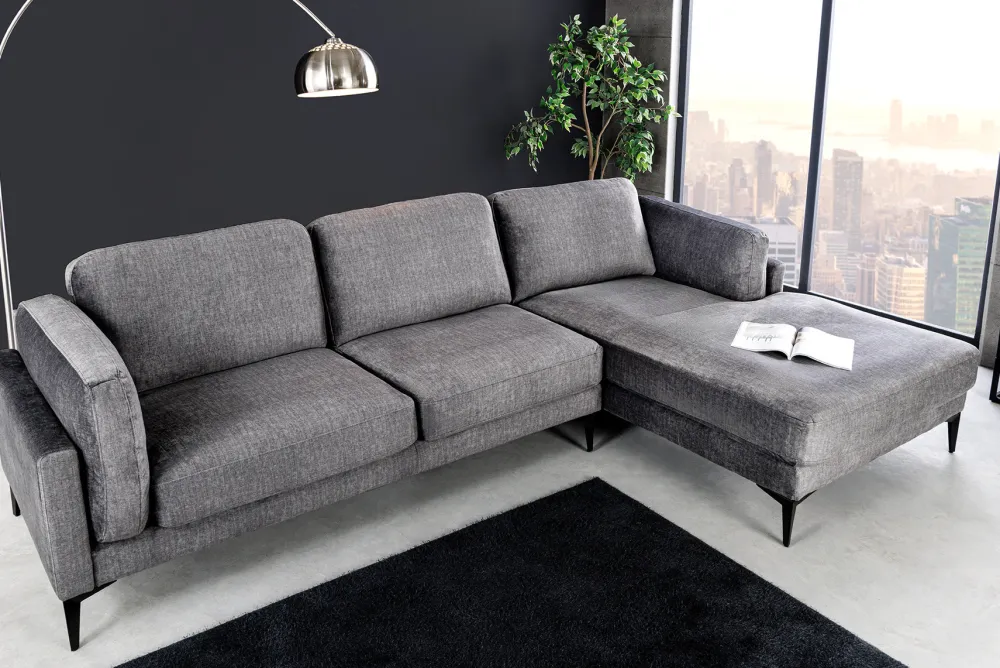 Riess-Ambiente Samt Möbel|Ecksofa > Design Ecksofa MANHATTAN 295cm dunkelgrau Samt Federkern 3-Sitzer Metallfüße