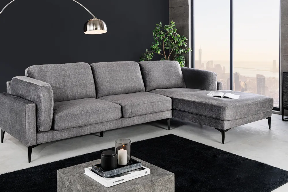Riess-Ambiente Samt Möbel|Ecksofa > Design Ecksofa MANHATTAN 295cm dunkelgrau Samt Federkern 3-Sitzer Metallfüße