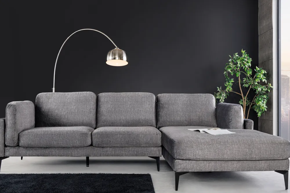 Riess-Ambiente Samt Möbel|Ecksofa > Design Ecksofa MANHATTAN 295cm dunkelgrau Samt Federkern 3-Sitzer Metallfüße