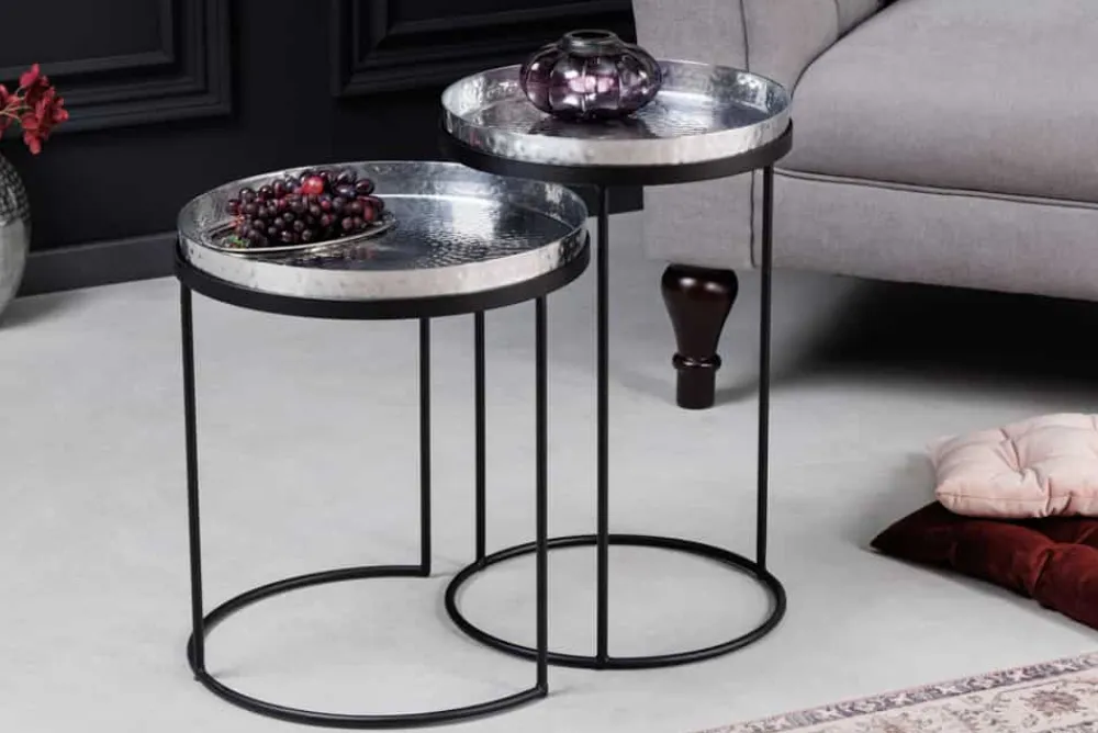 Riess-Ambiente Beistelltische > Design 2er Set Beistelltisch ELEMENTS 55cm silber Hammerschlag handmade rund