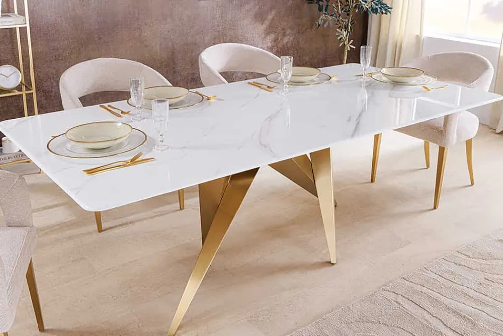 Riess-Ambiente Goldene Möbel|Esstische > Design Esstisch ART LIVING 200cm weiß Marmor Keramik Metall brushed champagner gold