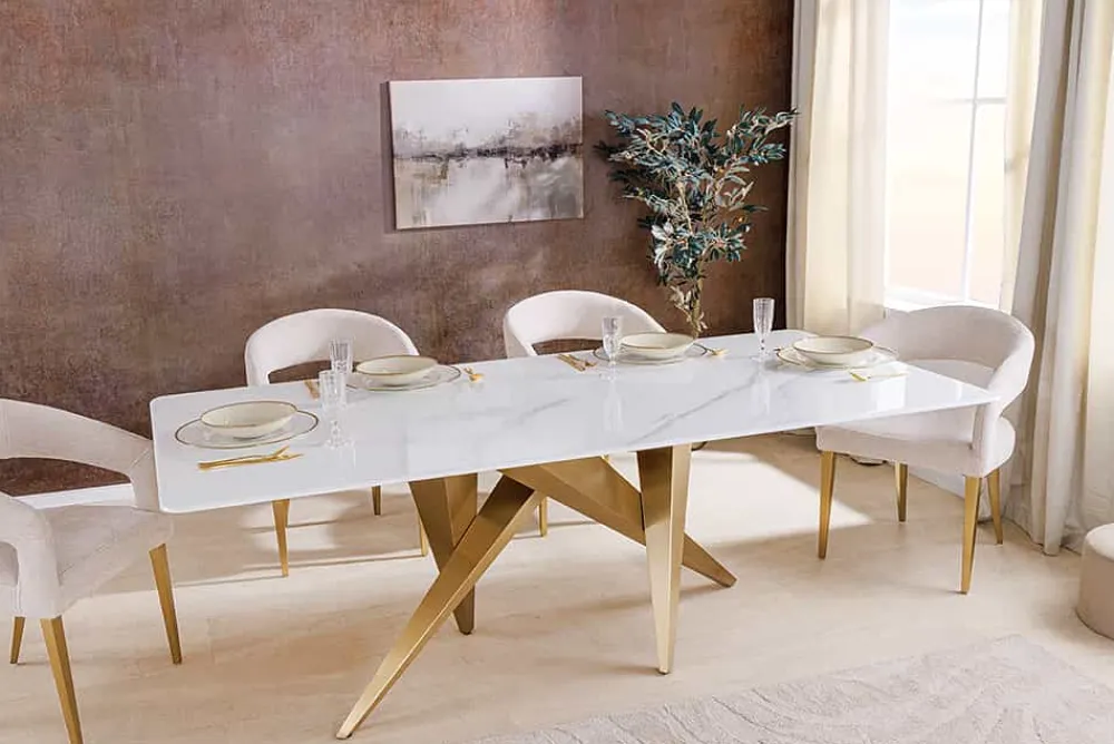 Riess-Ambiente Goldene Möbel|Esstische > Design Esstisch ART LIVING 200cm weiß Marmor Keramik Metall brushed champagner gold