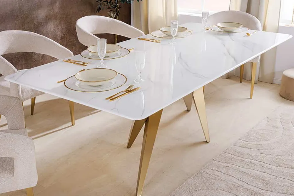 Riess-Ambiente Goldene Möbel|Esstische > Design Esstisch ART LIVING 200cm weiß Marmor Keramik Metall brushed champagner gold