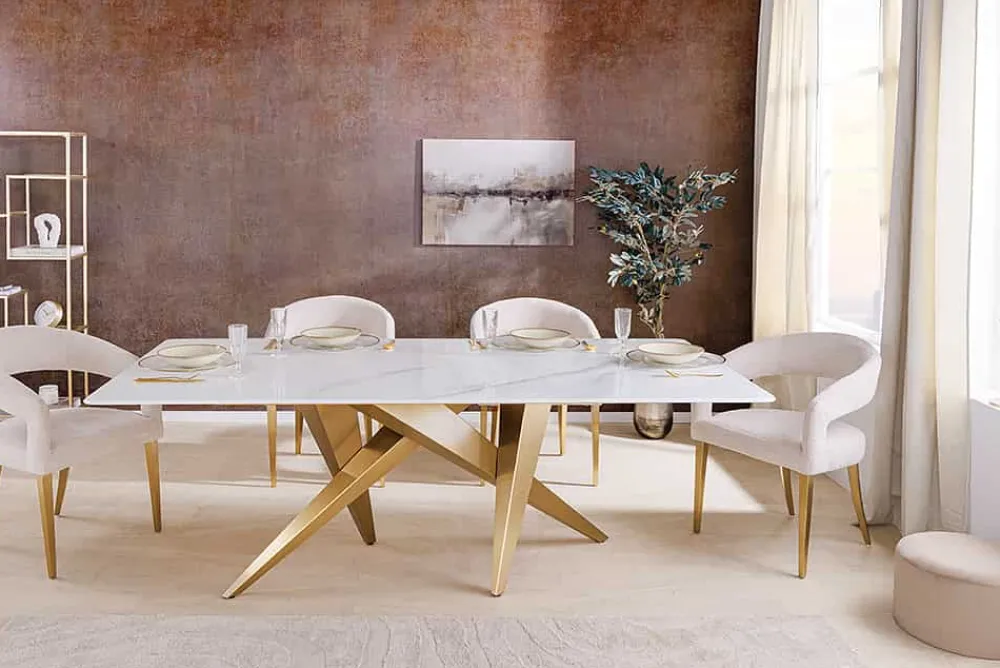 Riess-Ambiente Goldene Möbel|Esstische > Design Esstisch ART LIVING 200cm weiß Marmor Keramik Metall brushed champagner gold