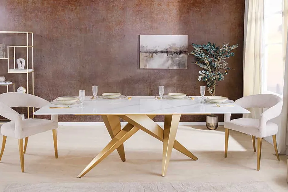Riess-Ambiente Goldene Möbel|Esstische > Design Esstisch ART LIVING 200cm weiß Marmor Keramik Metall brushed champagner gold