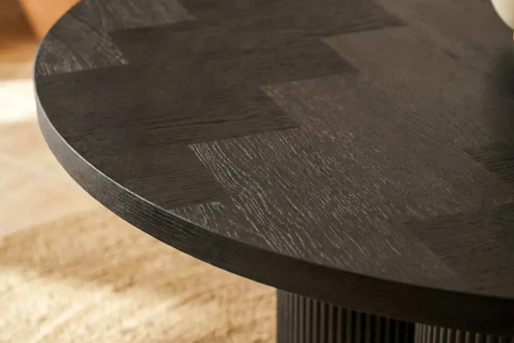 Riess-Ambiente Esstische|Retro Möbel > Design Esstisch BABYLON 120cm schwarz Fischgrät Eiche rund mit drei Säulenfüßen