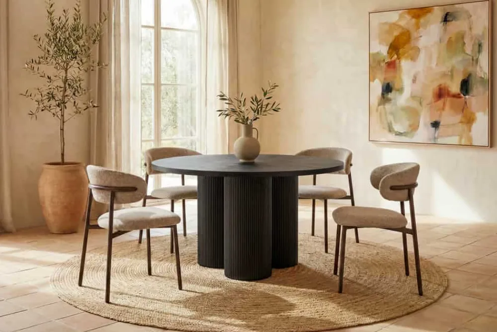 Riess-Ambiente Esstische|Retro Möbel > Design Esstisch BABYLON 120cm schwarz Fischgrät Eiche rund mit drei Säulenfüßen