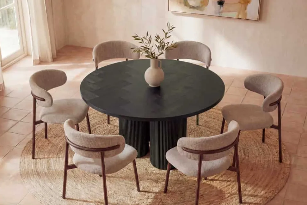 Riess-Ambiente Esstische|Retro Möbel > Design Esstisch BABYLON 120cm schwarz Fischgrät Eiche rund mit drei Säulenfüßen