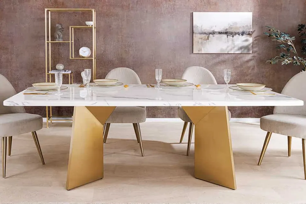 Riess-Ambiente Goldene Möbel|Esstische > Design Esstisch EXTRAVAGANCIA 200cm weiß Marmor Metall brushed champagner gold