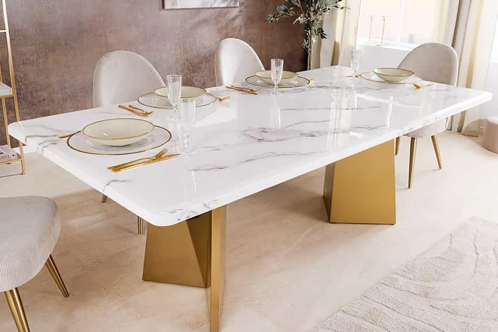 Riess-Ambiente Goldene Möbel|Esstische > Design Esstisch EXTRAVAGANCIA 200cm weiß Marmor Metall brushed champagner gold